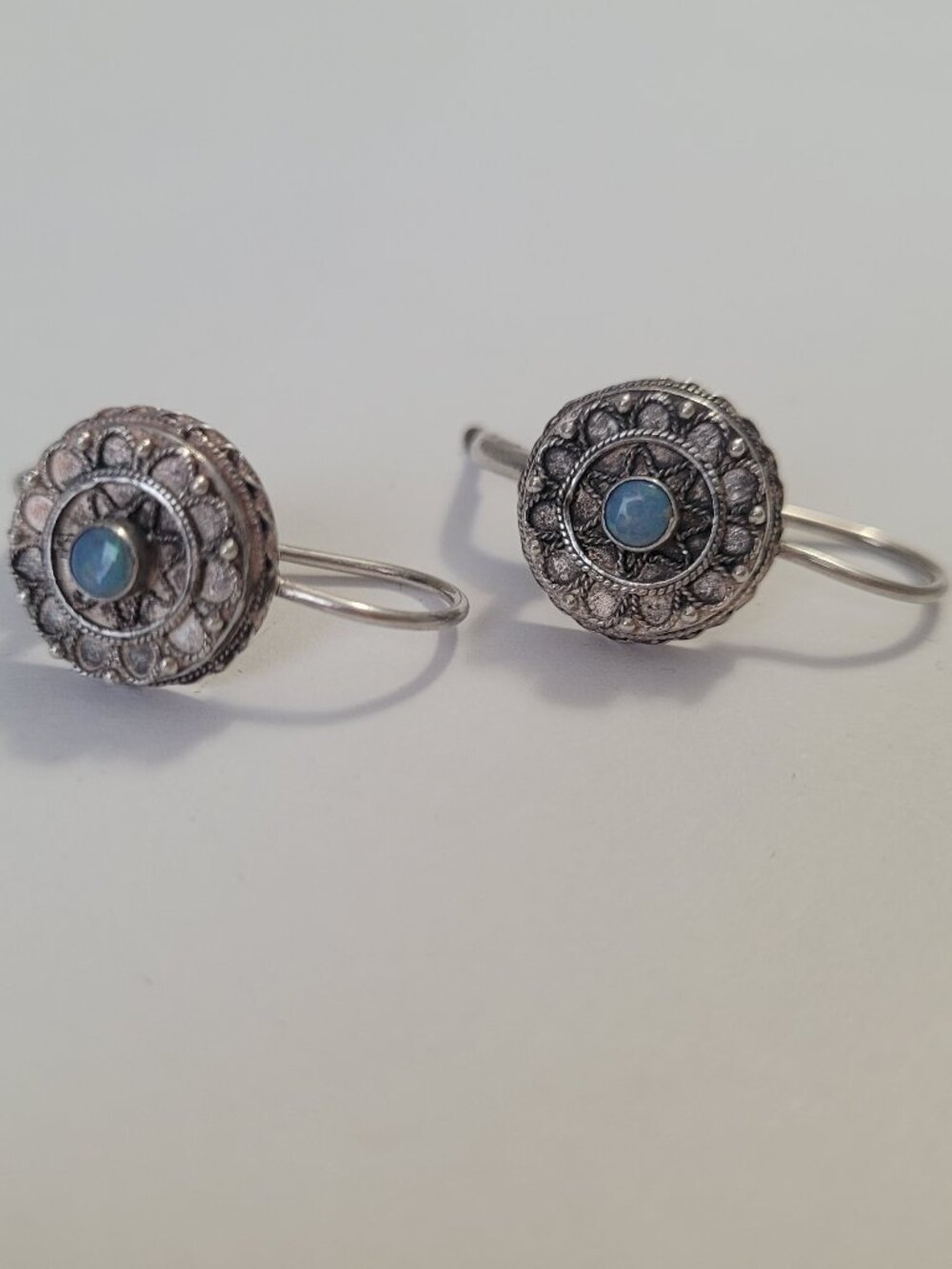Sterling Opal Earrings Vintage Etruscan Style Drop Dangle October Birthstone